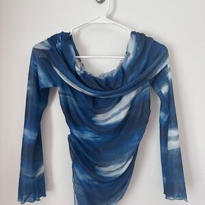 Blue and White Sheer Long Sleeve Top